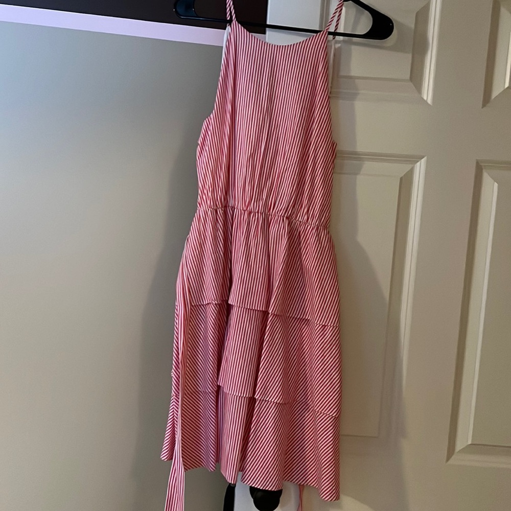 Red striped, tiered ruffle dress